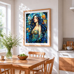 Stained glass blue haired woman cross stitch artwork displayed on wall as home decor