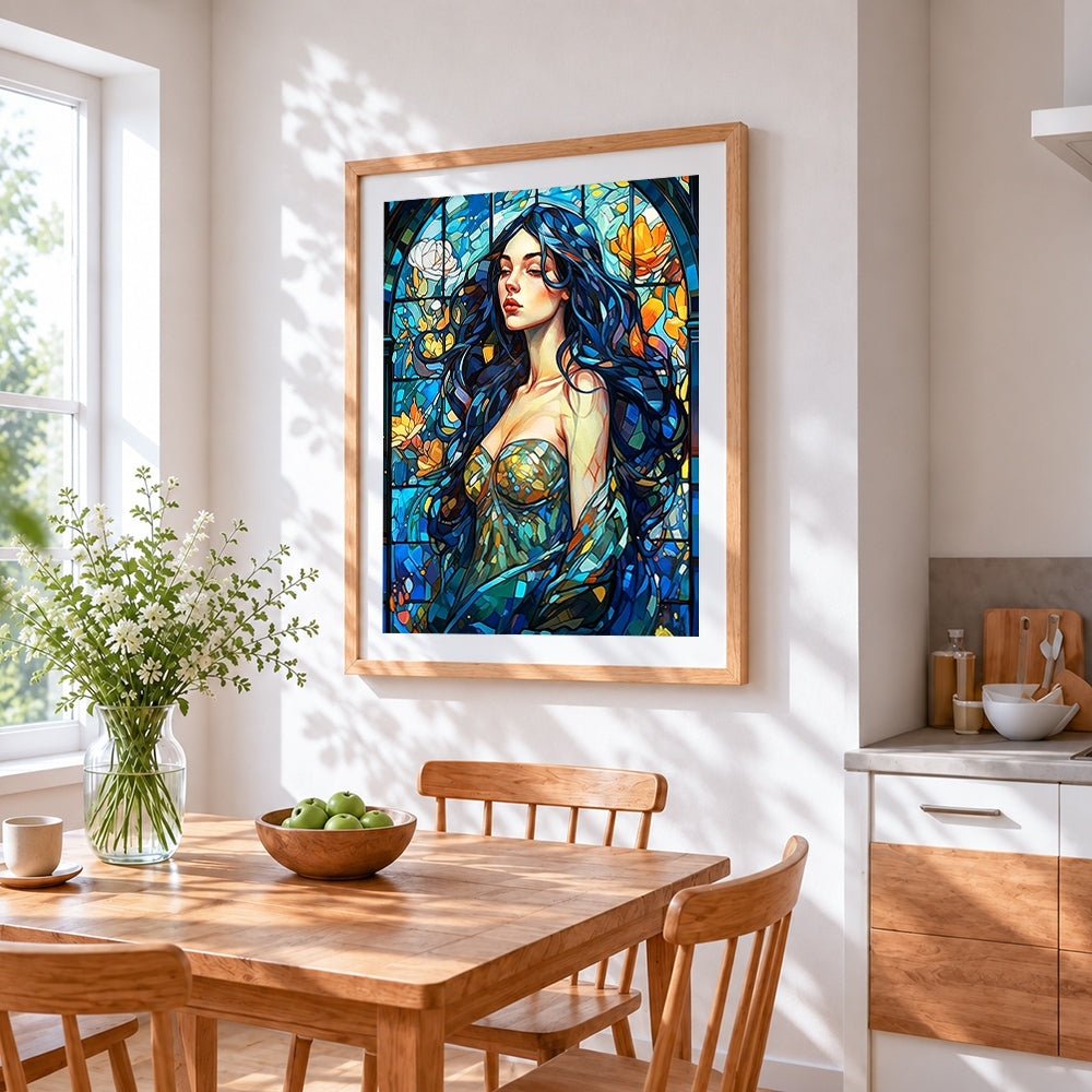 Stained glass blue haired woman cross stitch artwork displayed on wall as home decor