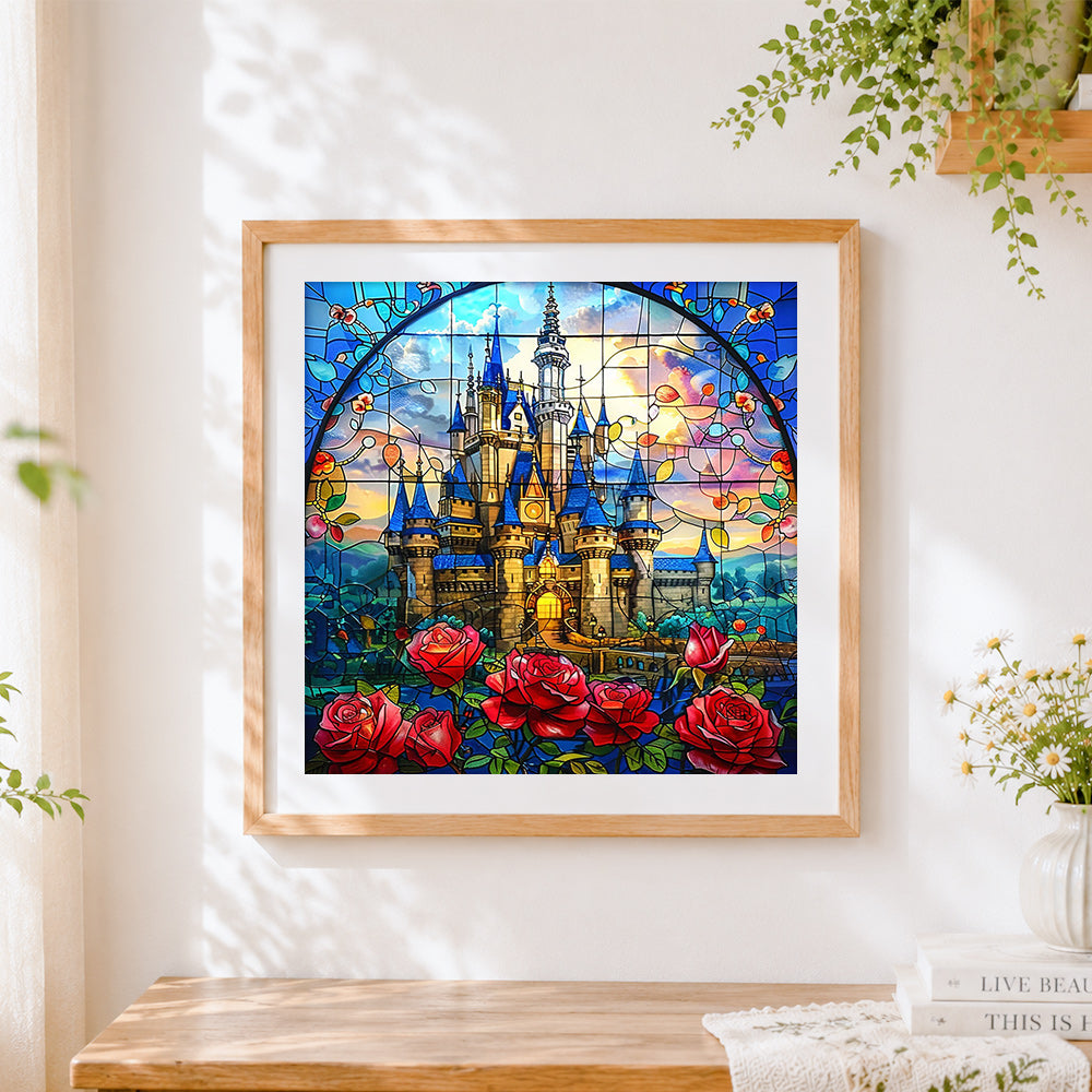 Finished stained glass castle and roses cross stitch artwork displayed