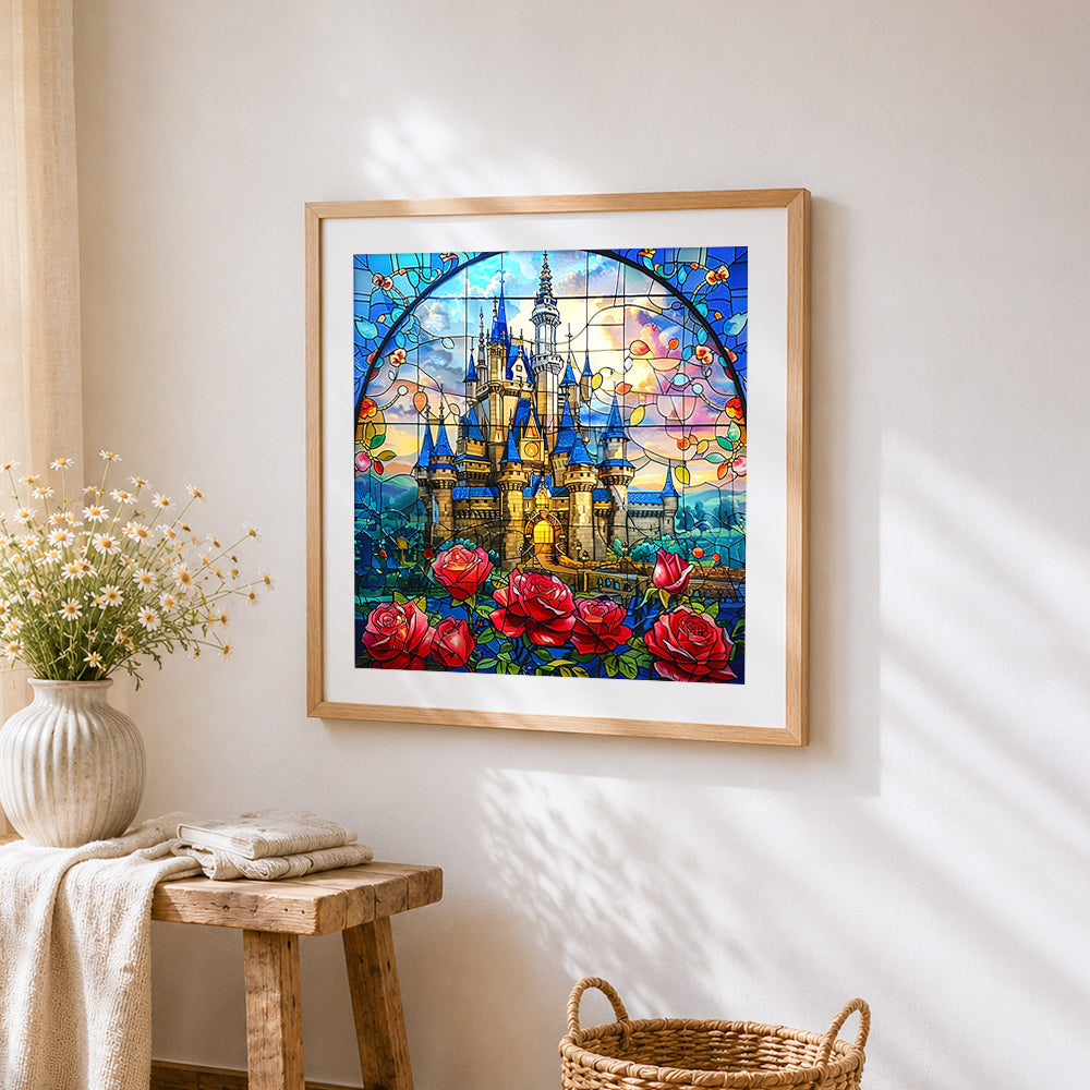Stained glass castle and roses cross stitch artwork displayed on wall as home decor