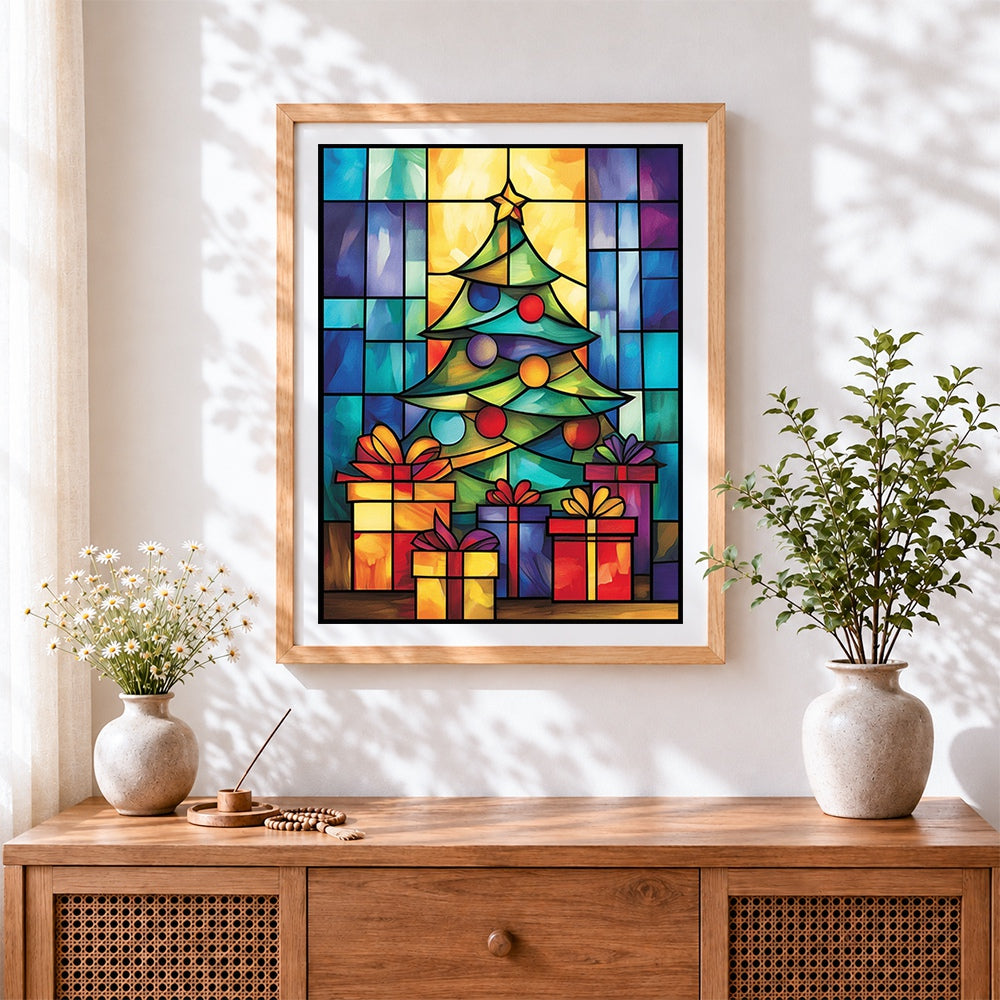 Finished stained glass christmas tree and presents cross stitch artwork displayed