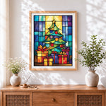 Finished stained glass christmas tree and presents cross stitch artwork displayed