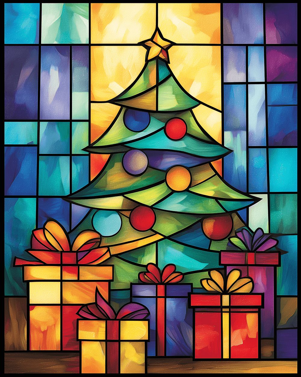 Stained glass christmas tree and presents cross stitch kit for beginners