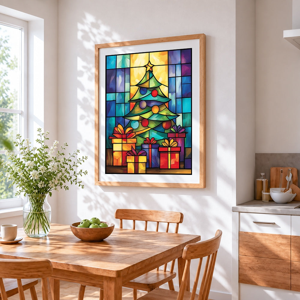 Stained glass christmas tree and presents cross stitch artwork displayed on wall as home decor