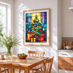 Stained glass christmas tree and presents cross stitch artwork displayed on wall as home decor