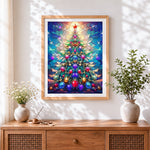Finished stained glass christmas tree cross stitch artwork displayed
