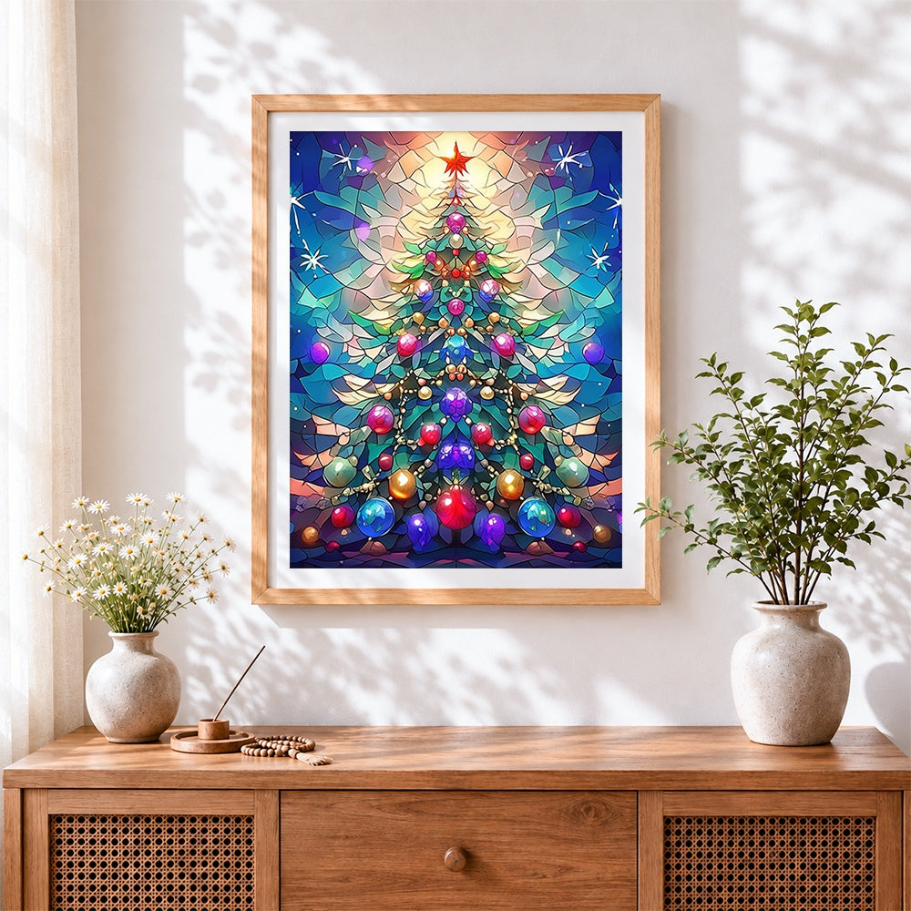 Finished stained glass christmas tree cross stitch artwork displayed