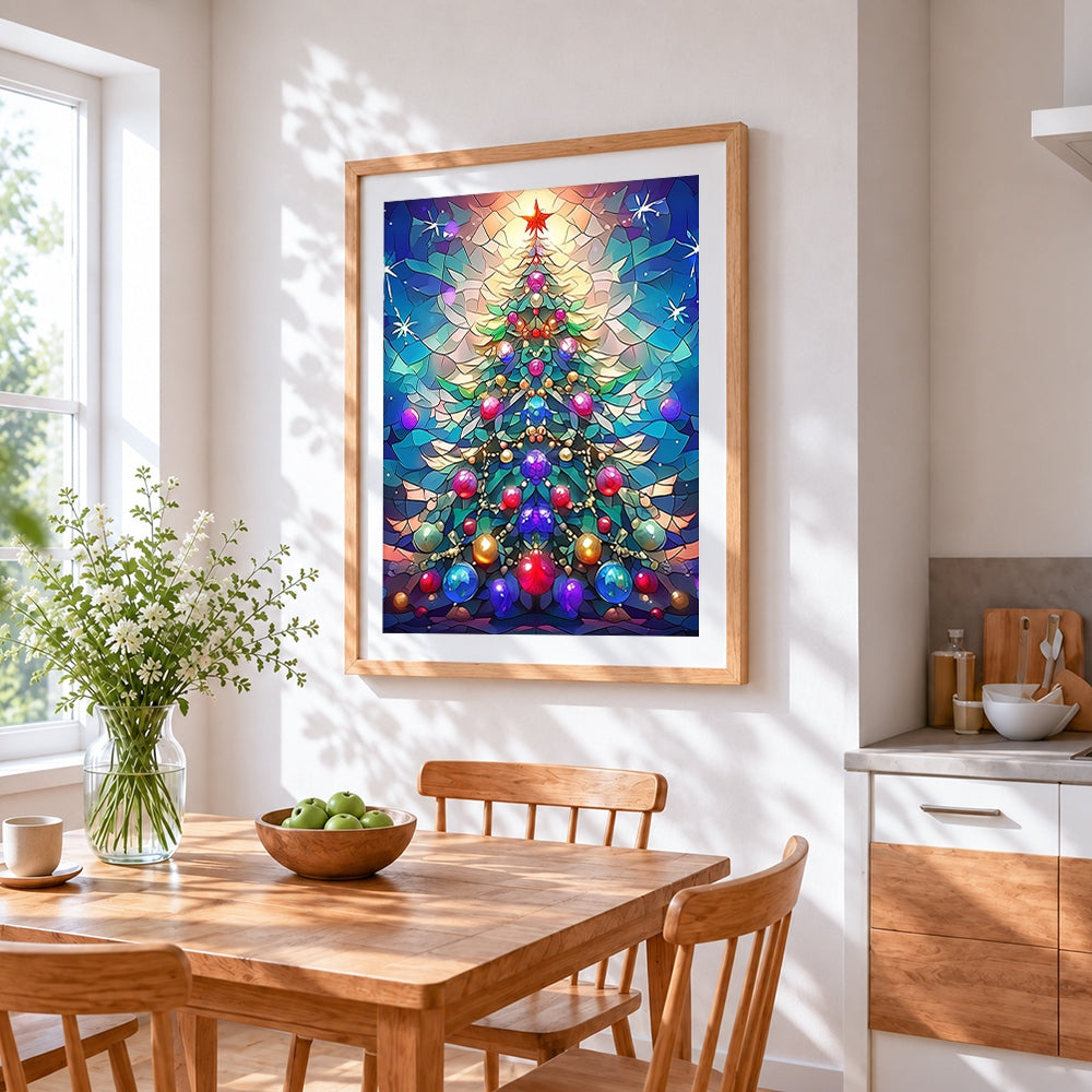 Stained glass christmas tree cross stitch artwork displayed on wall as home decor
