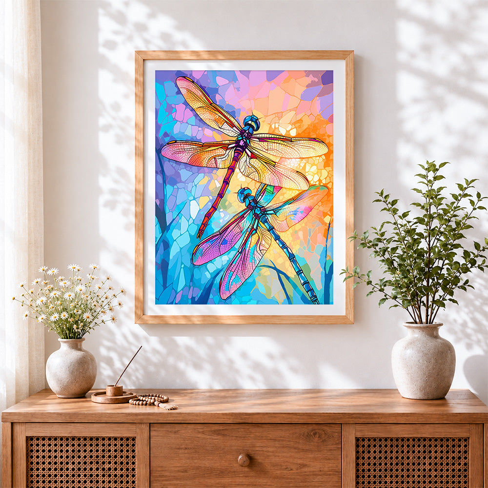 Finished stained glass dragonflies cross stitch artwork displayed