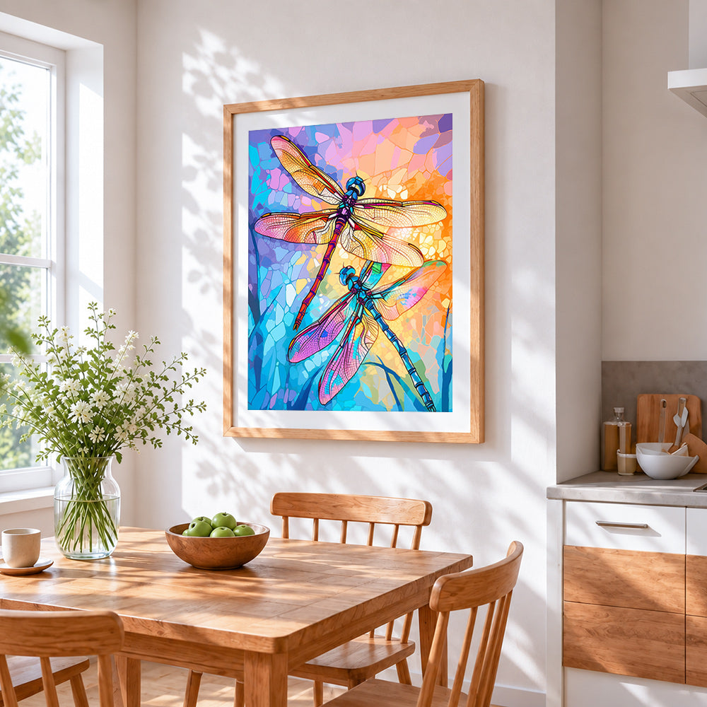 Stained glass dragonflies cross stitch artwork displayed on wall as home decor