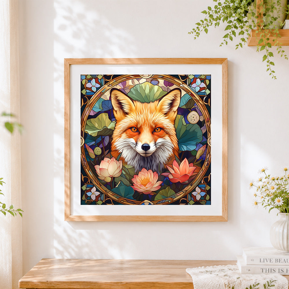Finished stained glass fox with water lilies cross stitch artwork displayed