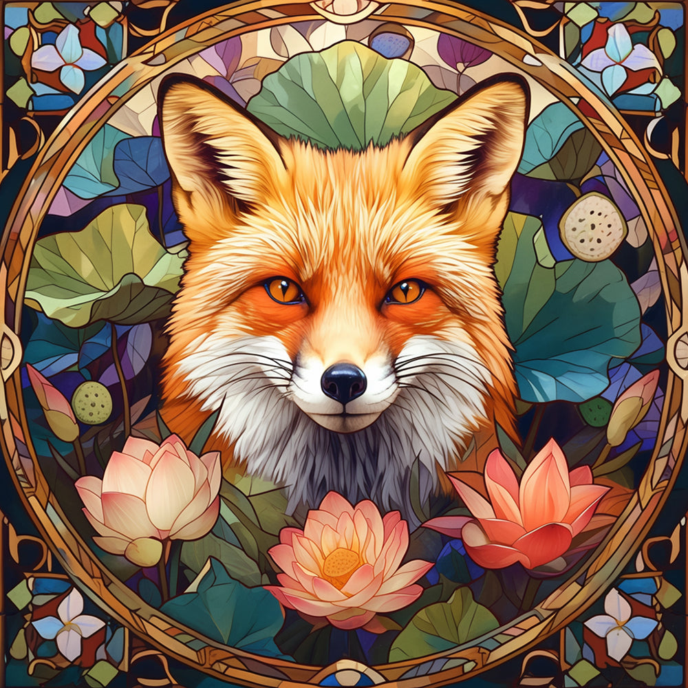 Stained glass fox with water lilies cross stitch kit for beginners