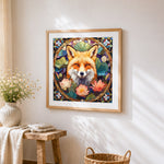 Stained glass fox with water lilies cross stitch artwork displayed on wall as home decor