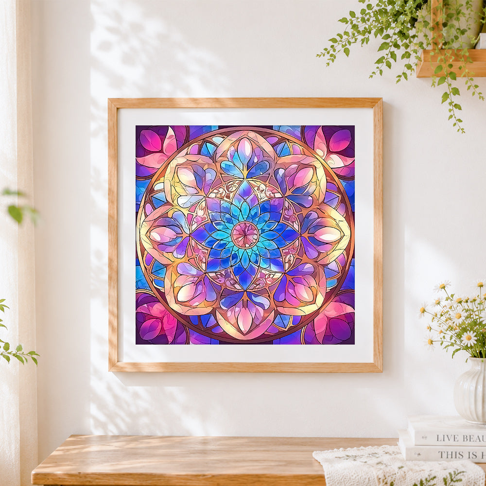 Finished stained glass mandala cross stitch artwork displayed
