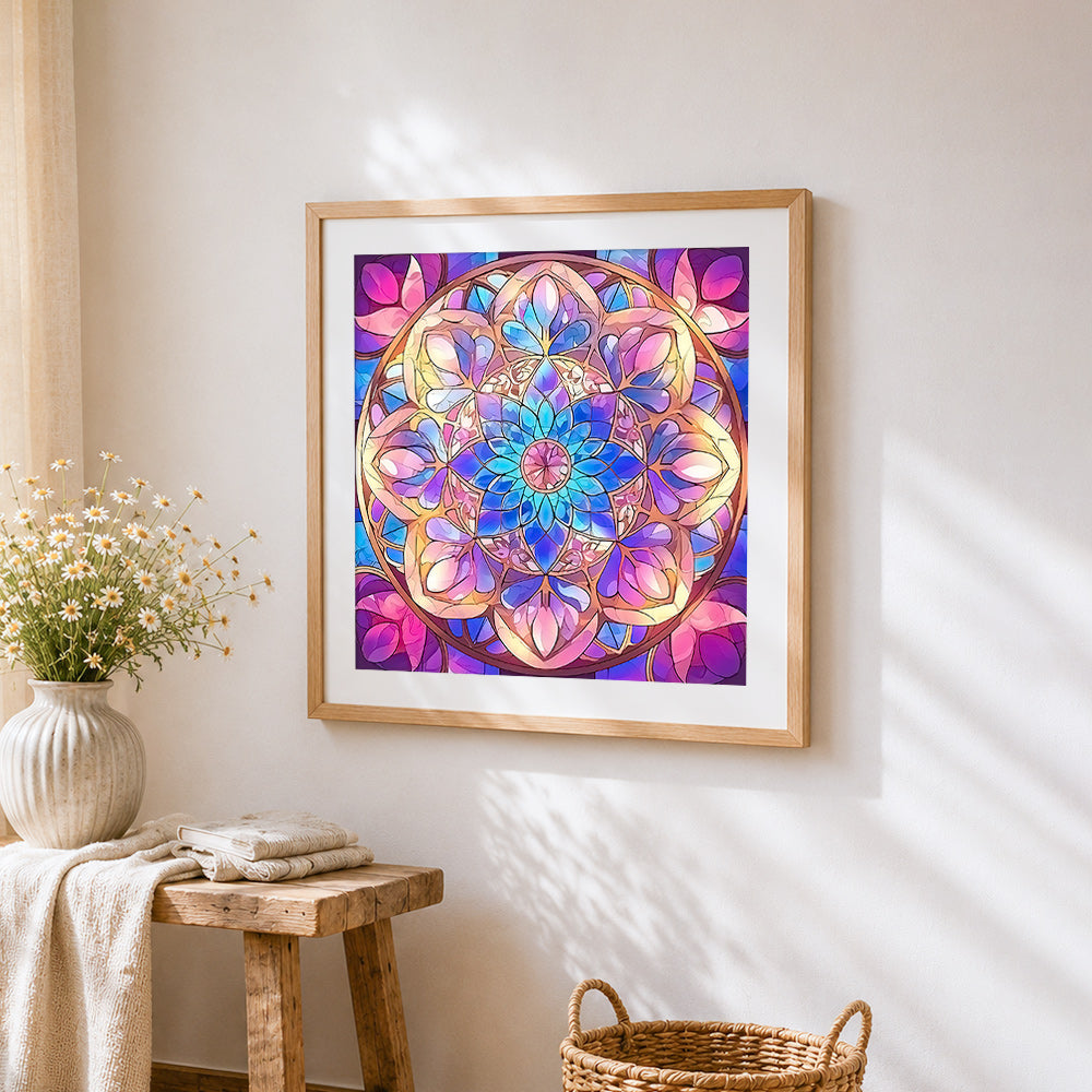 Stained glass mandala cross stitch artwork displayed on wall as home decor