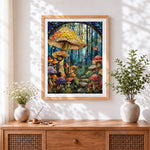 Finished stained glass mushroom forest cross stitch artwork displayed