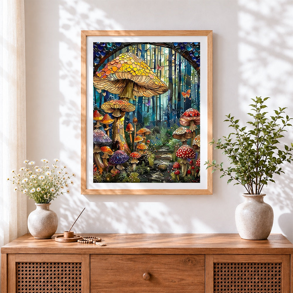 Finished stained glass mushroom forest cross stitch artwork displayed