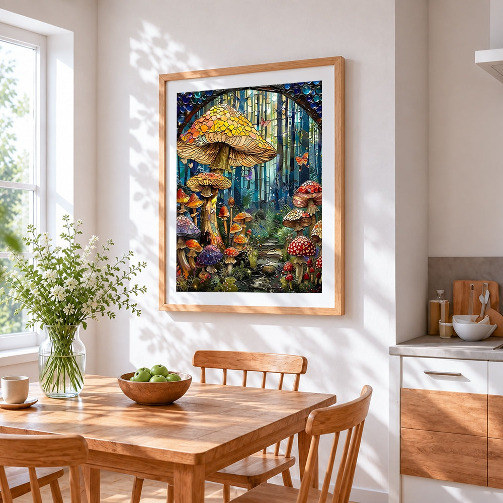 Stained glass mushroom forest cross stitch artwork displayed on wall as home decor