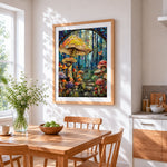 Stained glass mushroom forest cross stitch artwork displayed on wall as home decor