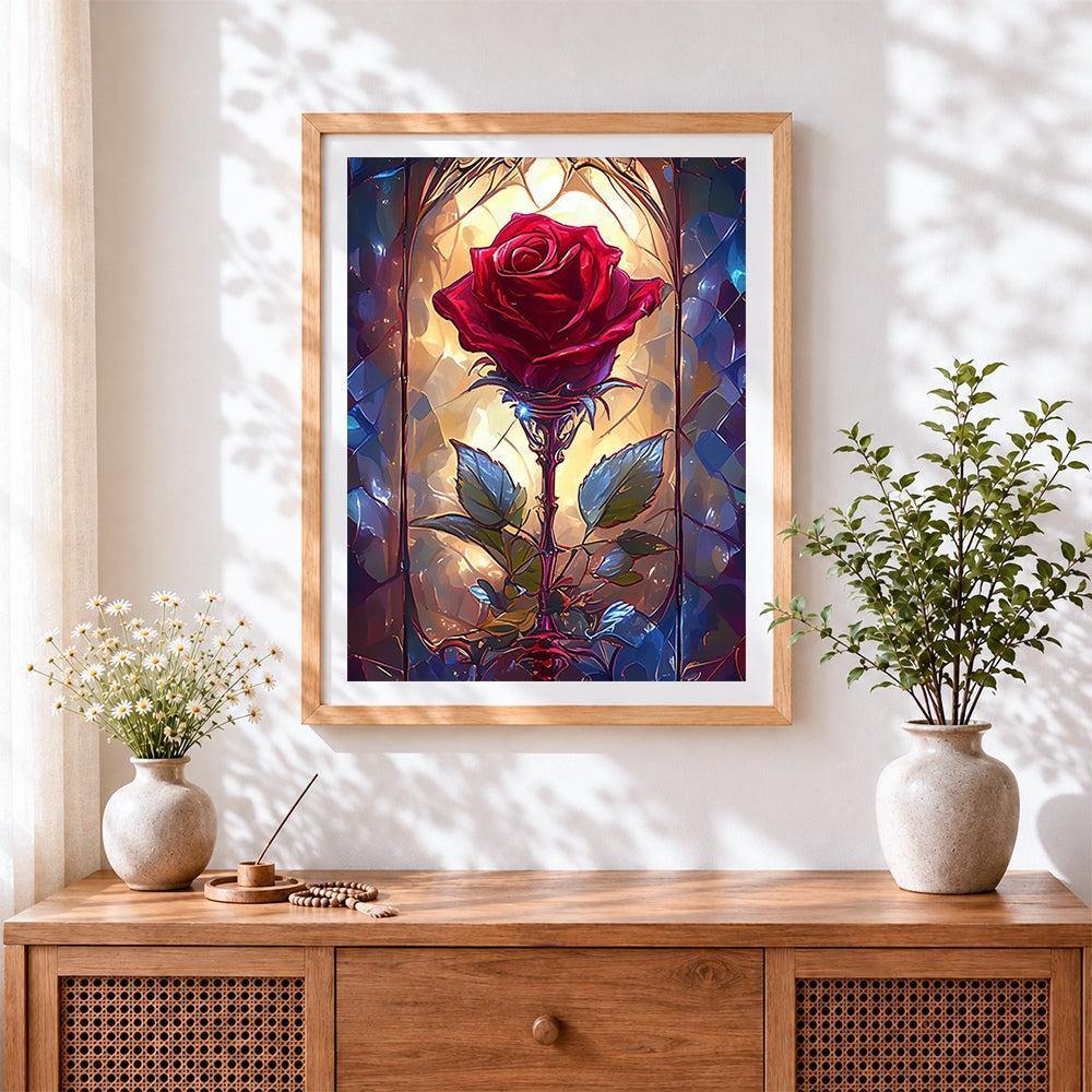 Finished stained glass red rose cross stitch artwork displayed
