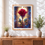 Finished stained glass red rose cross stitch artwork displayed