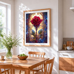 Stained glass red rose cross stitch artwork displayed on wall as home decor