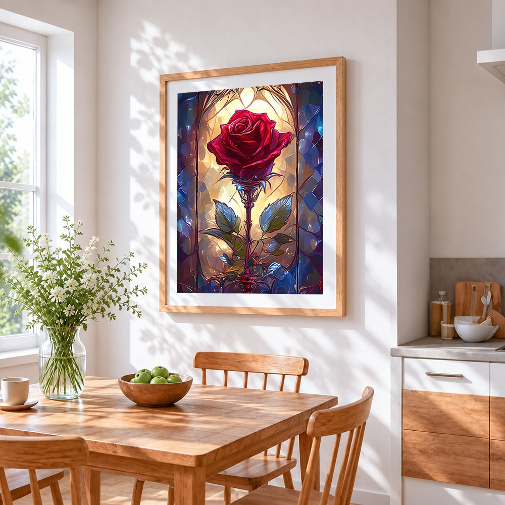 Stained glass red rose cross stitch artwork displayed on wall as home decor