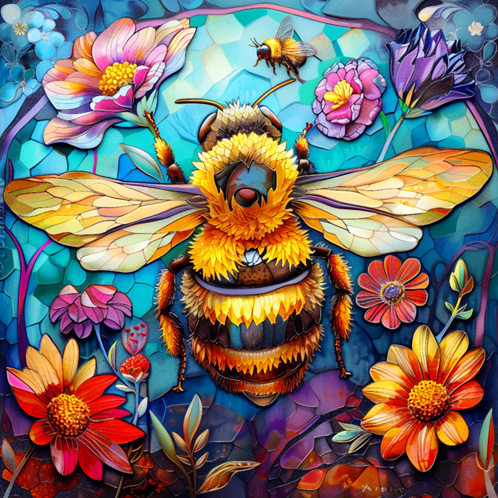 Stained glass style bee and flowers cross stitch kit for beginners