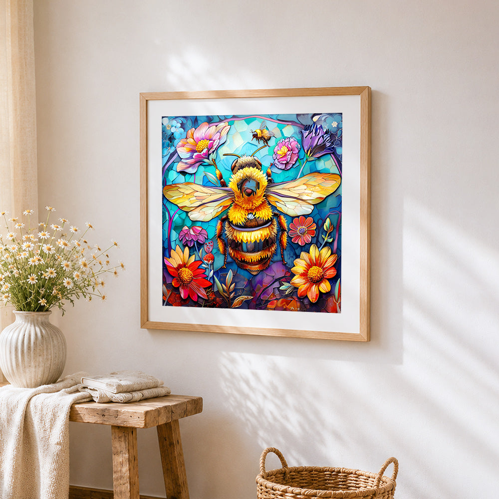 Stained glass style bee and flowers cross stitch artwork displayed on wall as home decor