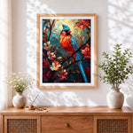 Finished stained glass style cardinal and floral cross stitch artwork displayed