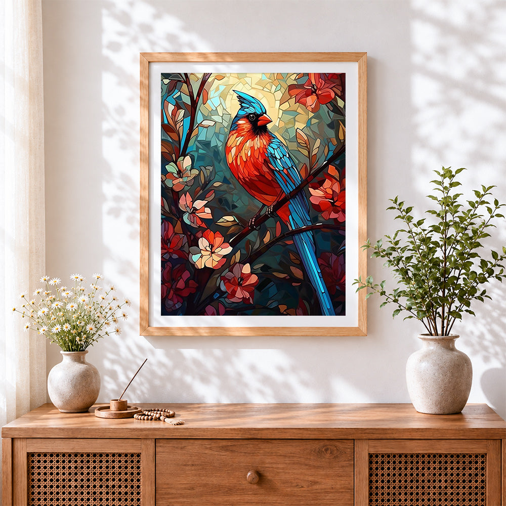 Finished stained glass style cardinal and floral cross stitch artwork displayed