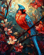 Stained glass style cardinal and floral cross stitch kit for beginners