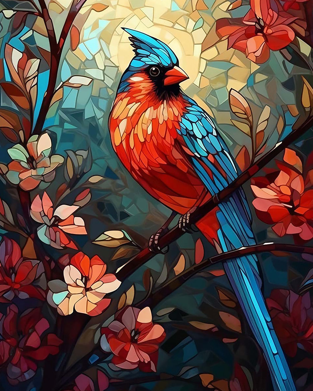 Stained glass style cardinal and floral cross stitch kit for beginners