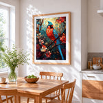 Stained glass style cardinal and floral cross stitch artwork displayed on wall as home decor