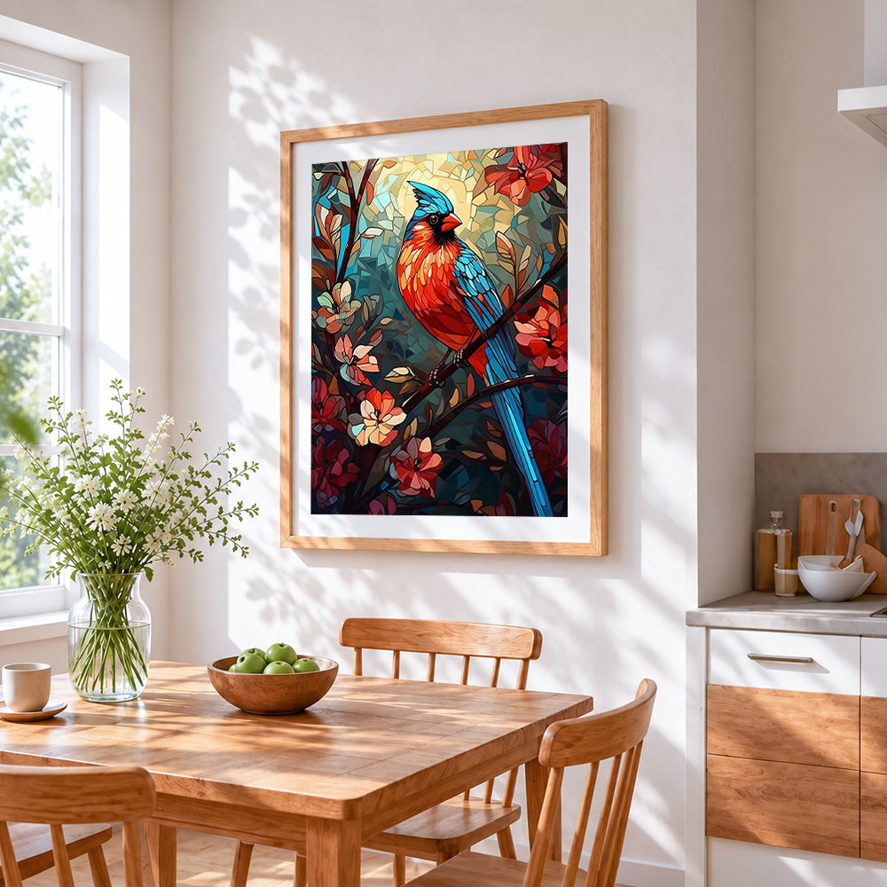 Stained glass style cardinal and floral cross stitch artwork displayed on wall as home decor