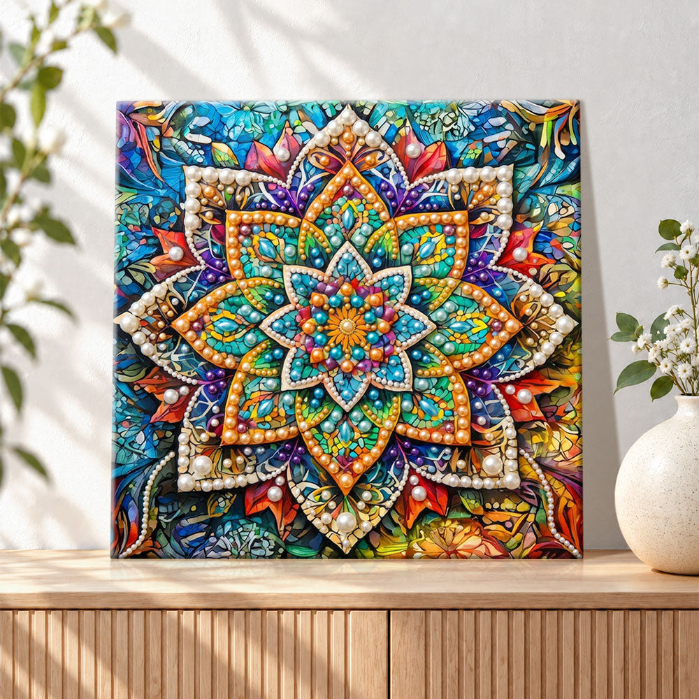 Finished stained‑glass style mandala pearl diamond painting artwork displayed as holiday home decor