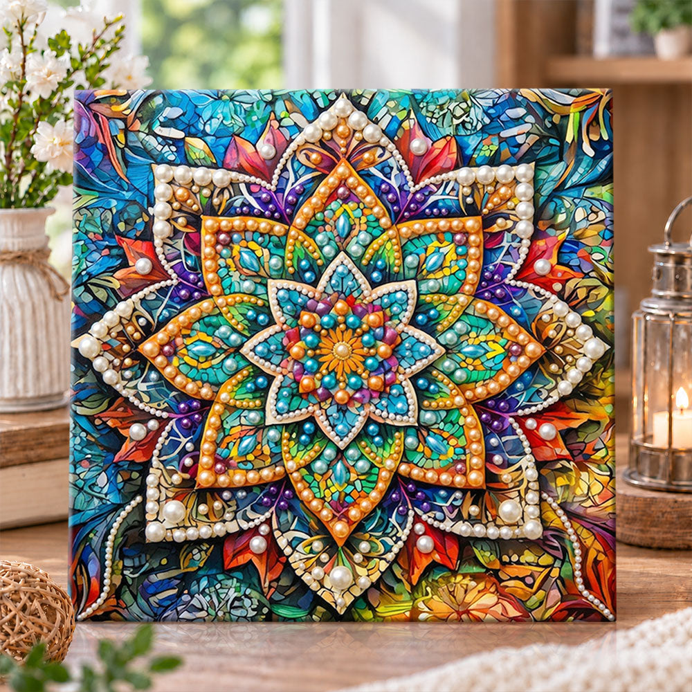 Stained‑glass style mandala pearl diamond painting kit for beginners