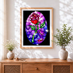 Finished stained glass style red rose paint by numbers artwork displayed as home decor
