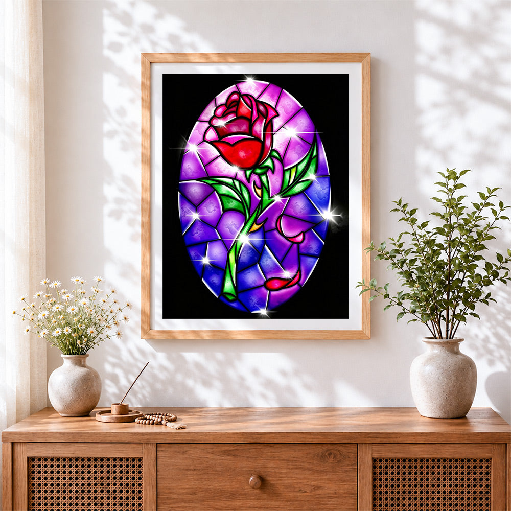 Finished stained glass style red rose paint by numbers artwork displayed as home decor