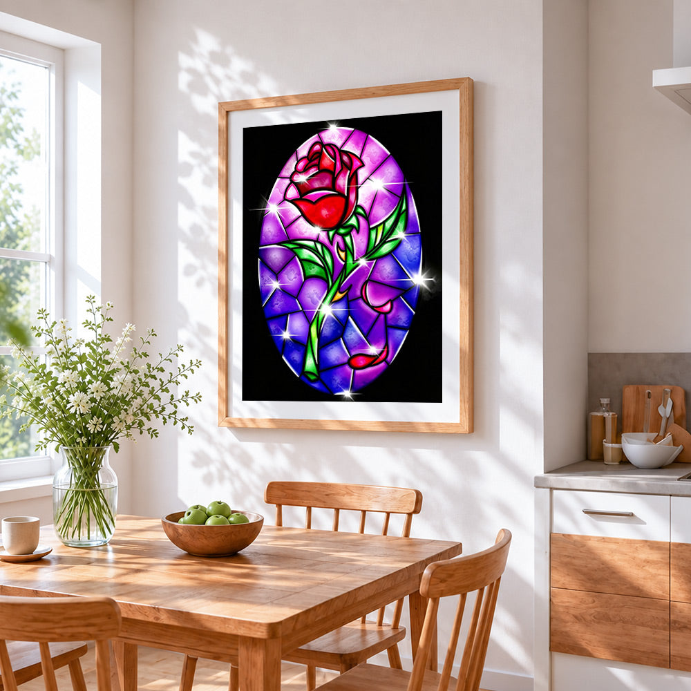 Stained glass style red rose paint by numbers artwork displayed on wall as home decor