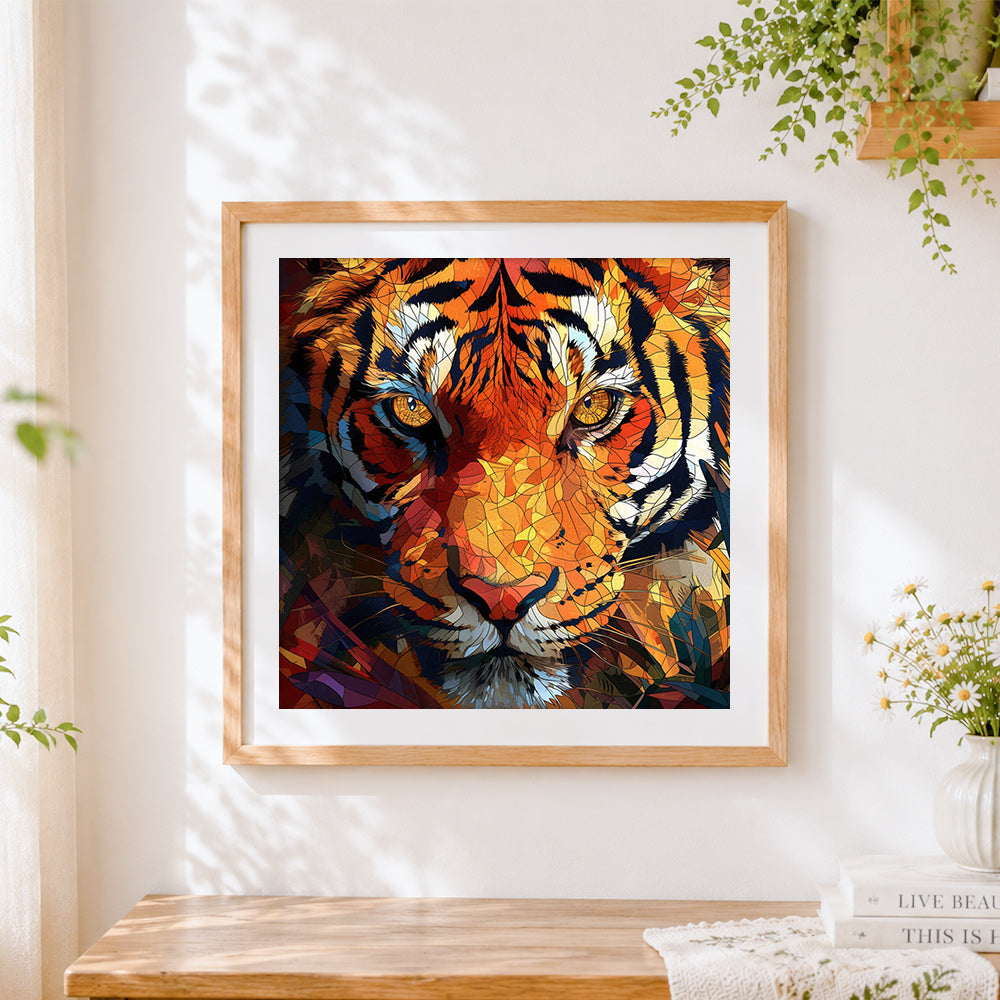 Finished stained glass tiger portrait cross stitch artwork displayed
