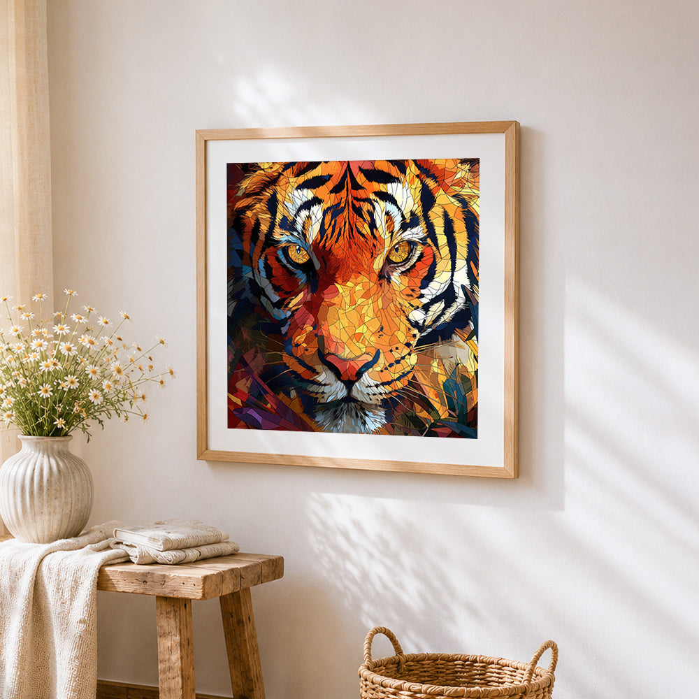 Stained glass tiger portrait cross stitch artwork displayed on wall as home decor