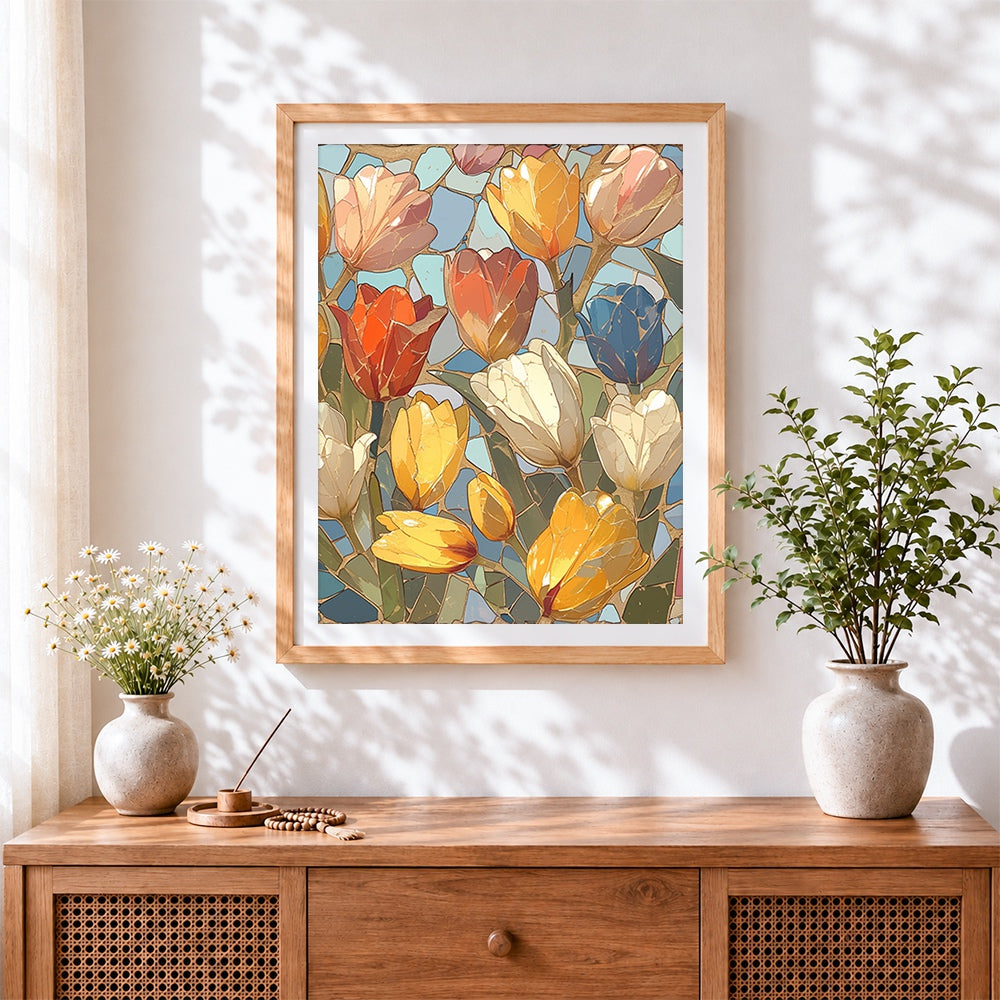 Finished stained glass tulips cross stitch artwork displayed