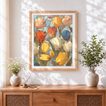 Finished stained glass tulips cross stitch artwork displayed