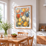 Stained glass tulips cross stitch artwork displayed on wall as home decor