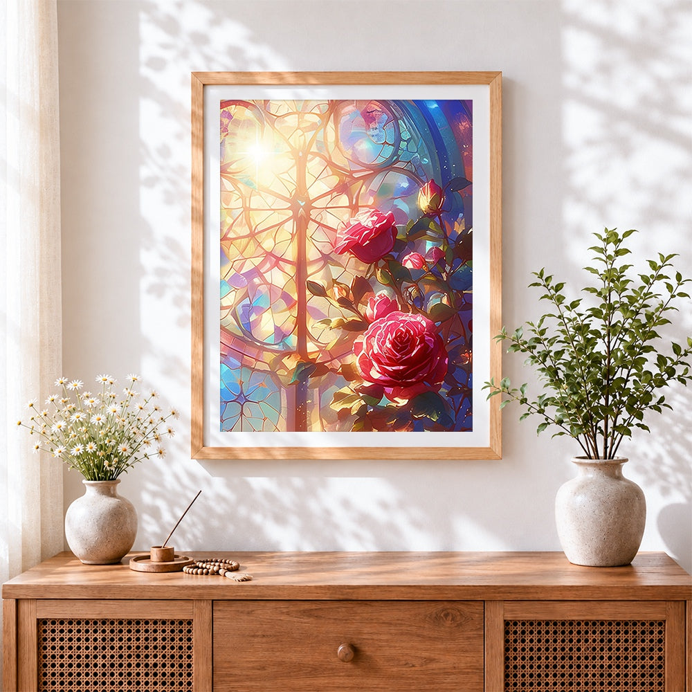 Finished stained glass window with red roses cross stitch artwork displayed