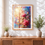 Finished stained glass window with red roses cross stitch artwork displayed