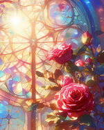 Stained glass window with red roses cross stitch kit for beginners