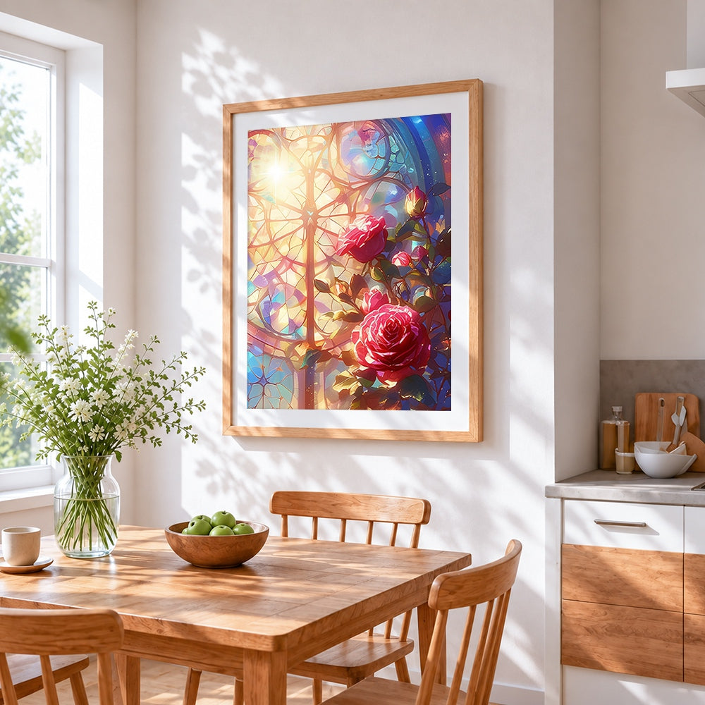 Stained glass window with red roses cross stitch artwork displayed on wall as home decor