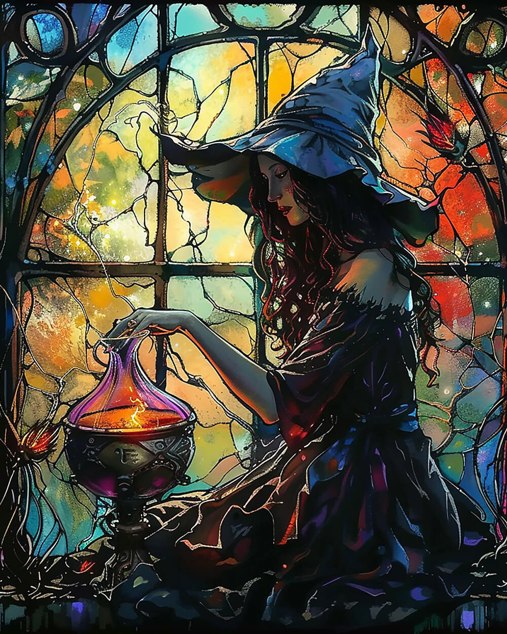 Stained glass witch cross stitch kit for beginners